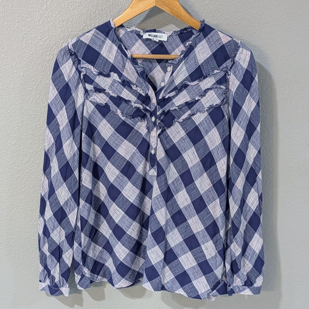 William Rast Navy and White Gingham Ruffle Button-Down Blouse - Picture 2 of 5